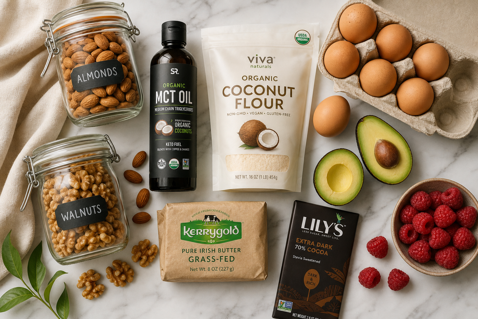Keto pantry essentials flat lay